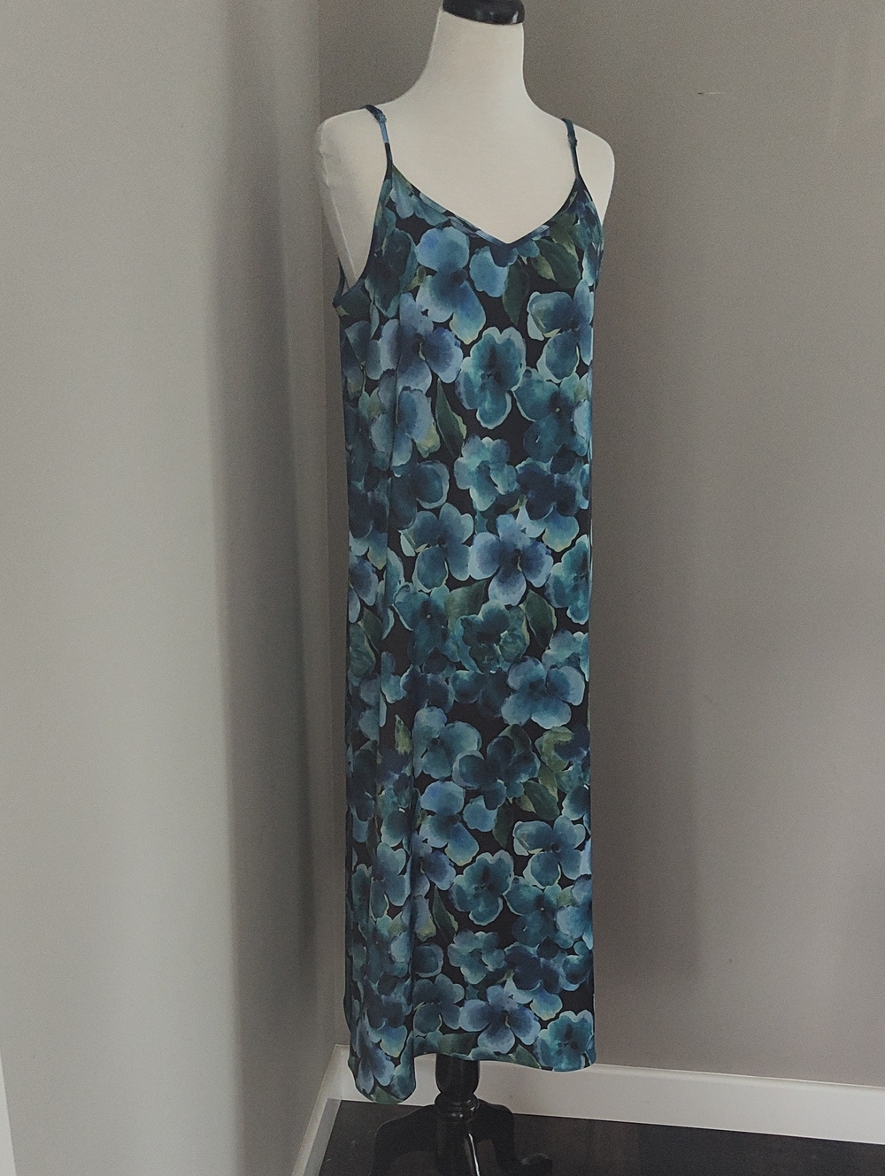 Point Blue Floral Silky Maxi Slip Dress With Adjustable Straps